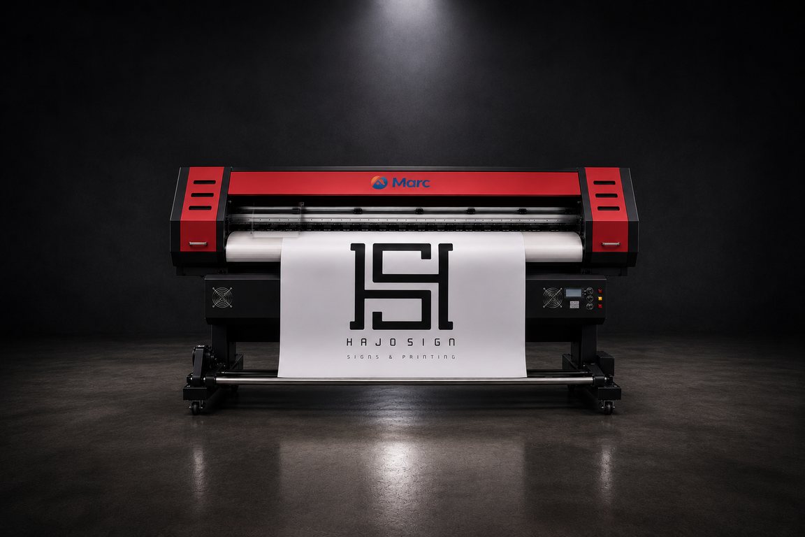 Marc wide-format eco-solvent printer running a HajoSign vinyl banner